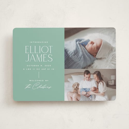 This is a mint birth announcements with standard by Jessica Corliss called announcing elegance printing on recycled smooth signature in standard