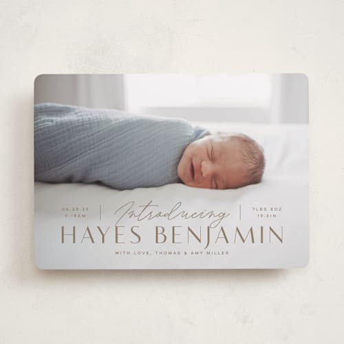 This is a caramel birth announcements with standard by Michelle Taylor called typographic mix printing on recycled smooth signature in standard