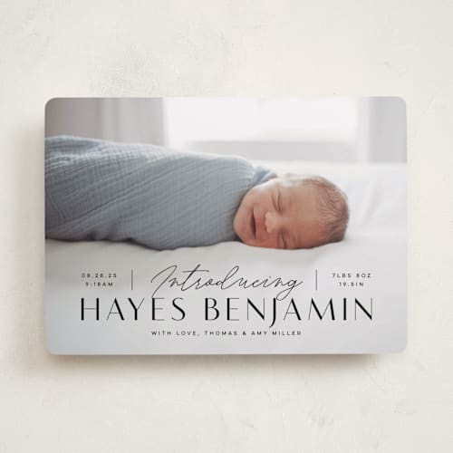 This is a coal birth announcements with standard by Michelle Taylor called typographic mix printing on smooth signature in standard