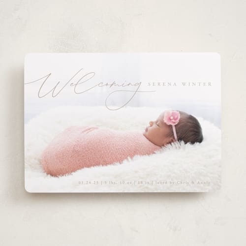This is a sand birth announcements with standard by Olivia Raufman called delightful welcome printing on smooth signature in standard