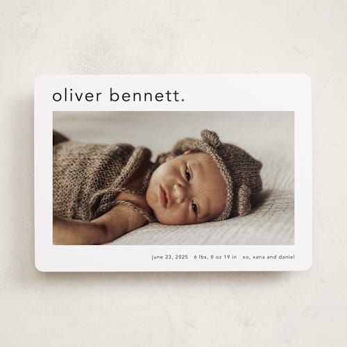 This is a cotton birth announcements with standard by Stacey Meacham called simple name printing on recycled smooth signature in standard