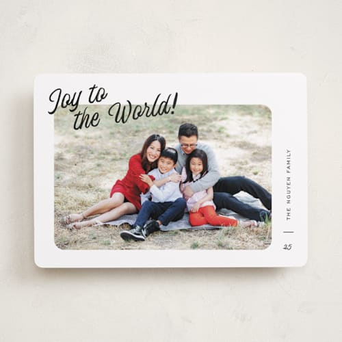 This is a snow photo christmas cards with standard by Pixel and Hank called joy snapshot printing on recycled smooth signature in standard