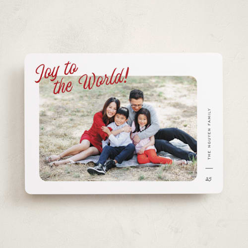This is a cranberry photo christmas cards with standard by Pixel and Hank called joy snapshot printing on recycled smooth signature in standard