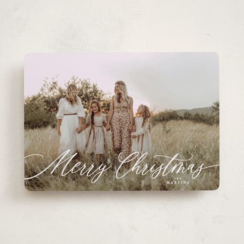 This is a snow photo christmas cards with standard by Kelly Schmidt called scripted merry christmas printing on recycled smooth signature in standard