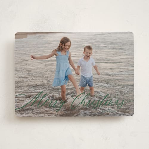 This is a wintergreen photo christmas cards with standard by Kelly Schmidt called scripted merry christmas printing on recycled smooth signature in standard