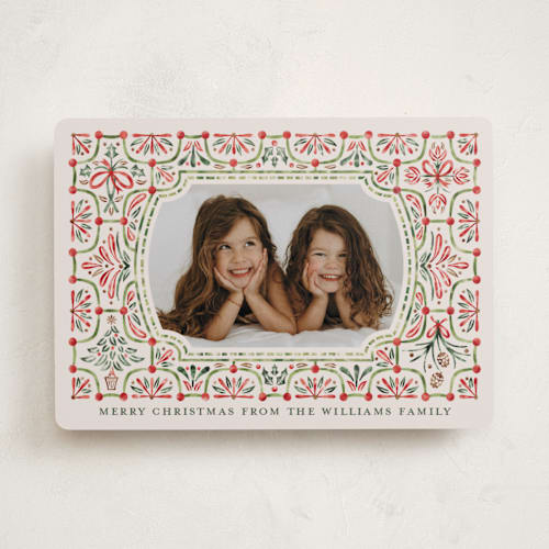 This is a cranberry photo christmas cards with standard by Paper Sun Studio called festive folk frame printing on recycled smooth signature in standard