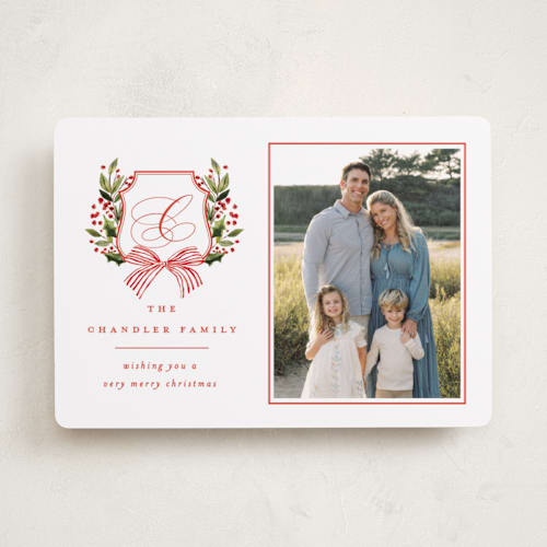 This is a holly berry photo christmas cards with standard by Brooke Chandler called classic merry crest printing on recycled smooth signature in standard