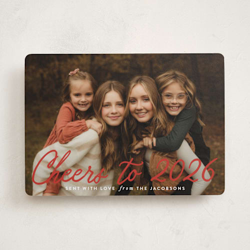 This is a crimson photo christmas cards with standard by Karidy Walker called cheerful script printing on recycled smooth signature in standard