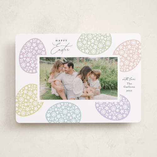 This is a marshmallow easter photo cards with standard by Mary Kay Garttmeier called embellished eggs printing on recycled smooth signature in standard