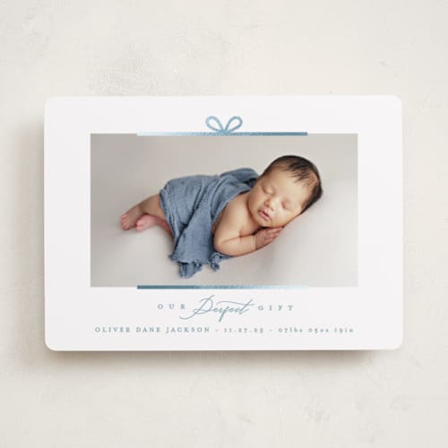 This is a blue jay babys first christmas with foil pressed by Creo Study called our perfect gift printing on recycled smooth signature in standard