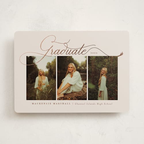 This is a mocha latte graduation announcements with foil pressed by Kamala Nahas called tassel swash printing on recycled smooth signature in standard