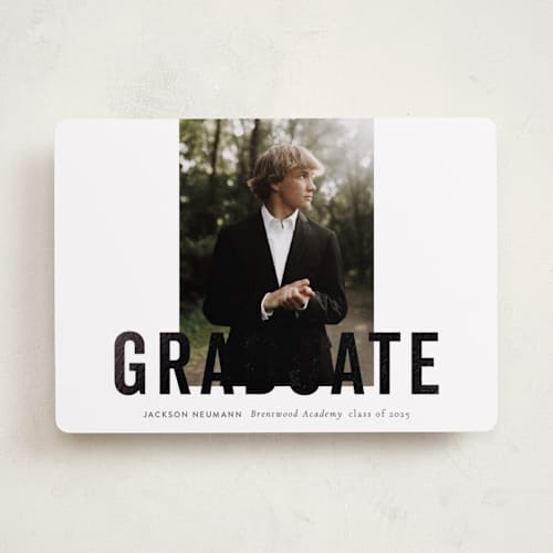 This is a charcoal graduation announcements with foil pressed by Sara Hicks Malone called jax printing on recycled smooth signature in standard