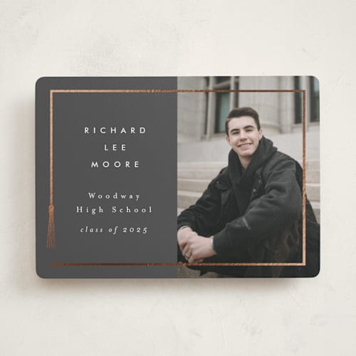 This is a charcoal graduation announcements with foil pressed by AK Graphics called tassel framed printing on recycled smooth signature in standard