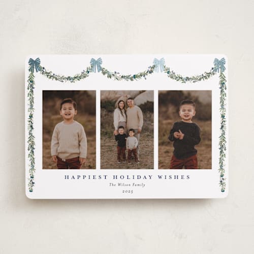 This is a wintermint foil pressed holiday cards with foil pressed by Susan Moyal called joyful holly printing on recycled smooth signature in standard