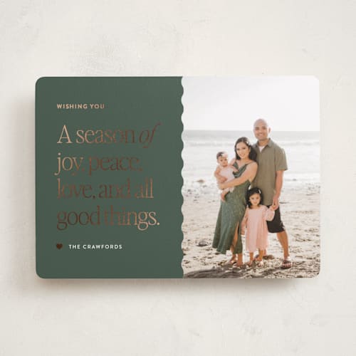 This is a fraser fir foil pressed holiday cards with foil pressed by Saltwater Designs called all good things printing on recycled smooth signature in standard