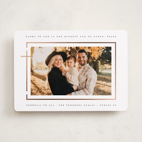 This is a cloud foil pressed holiday cards with foil pressed by Heather Schertzer called on earth, peace printing on recycled smooth signature in standard