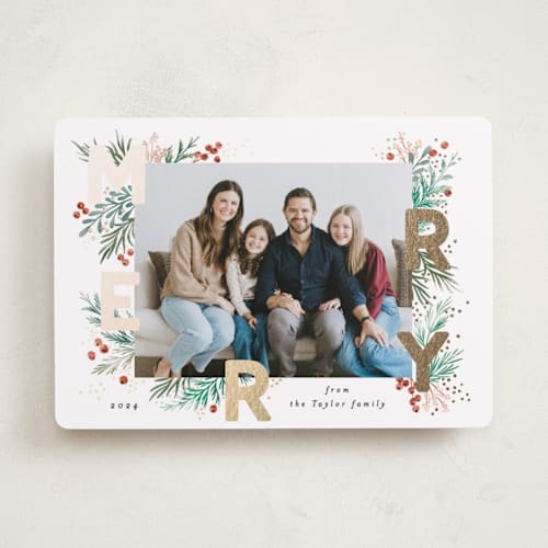 This is a mint foil pressed holiday cards with foil pressed by Alethea and Ruth called merry letters printing on recycled smooth signature in standard