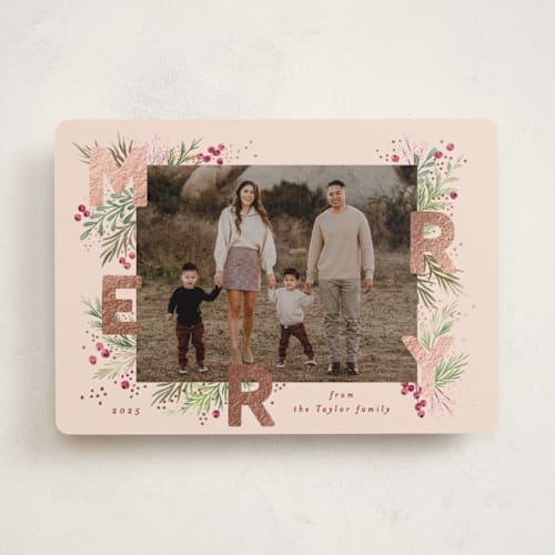 This is a blush foil pressed holiday cards with foil pressed by Alethea and Ruth called merry letters printing on recycled smooth signature in standard