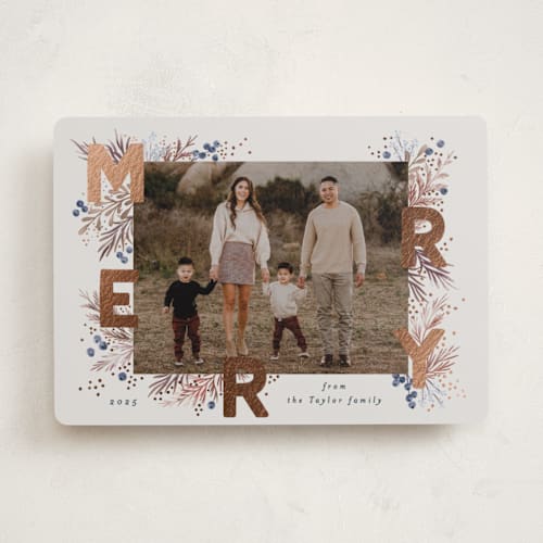 This is a mist foil pressed holiday cards with foil pressed by Alethea and Ruth called merry letters printing on recycled smooth signature in standard