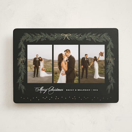 This is a midnight foil pressed holiday cards with foil pressed by Elly called ribbon garland printing on recycled smooth signature in standard