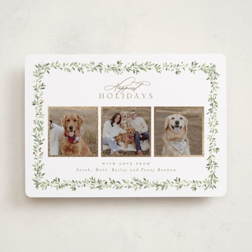 This is a snow foil pressed holiday cards with foil pressed by Everett Paper Goods called laurel garland printing on recycled smooth signature in standard