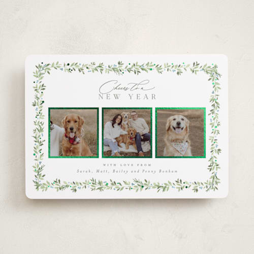 This is a frozen lake foil pressed holiday cards with foil pressed by Everett Paper Goods called laurel garland printing on recycled smooth signature in standard