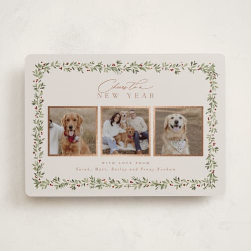 This is a mulled wine foil pressed holiday cards with foil pressed by Everett Paper Goods called laurel garland printing on recycled smooth signature in standard