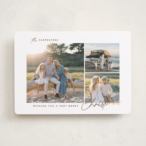 This is a winter foil pressed holiday cards with foil pressed by Creo Study called chic trio printing on recycled smooth signature in standard