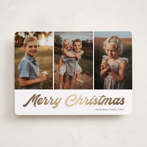 This is a snow foil pressed holiday cards with foil pressed by Alicia Schultz called brilliant shine printing on recycled smooth signature in standard