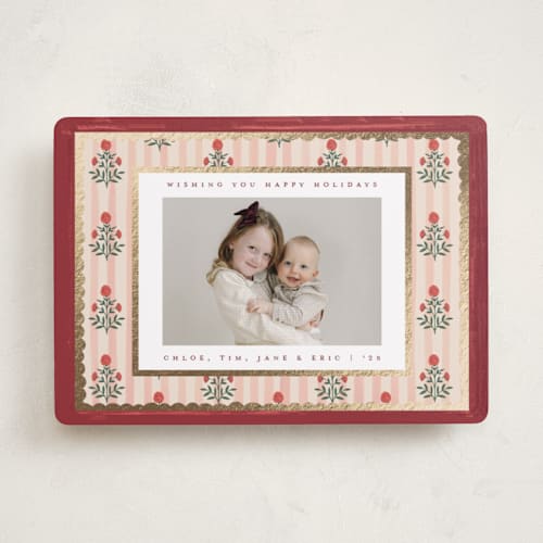 This is a berry foil pressed holiday cards with foil pressed by Teju Reval called block print frame printing on recycled smooth signature in standard