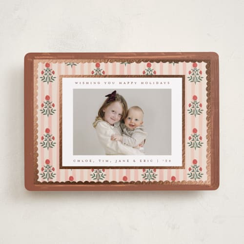 This is a fudge foil pressed holiday cards with foil pressed by Teju Reval called block print frame printing on recycled smooth signature in standard