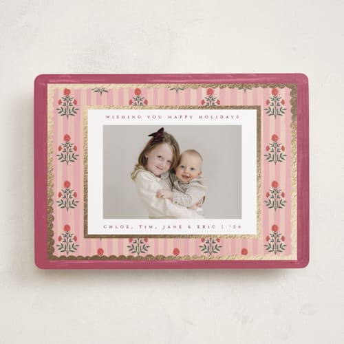 This is a candy foil pressed holiday cards with foil pressed by Teju Reval called block print frame printing on recycled smooth signature in standard