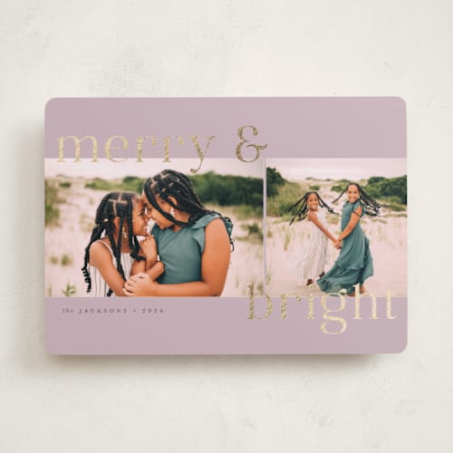 This is a sugar plum foil pressed holiday cards with foil pressed by Emily Betts called gilded merry & bright printing on recycled smooth signature in standard