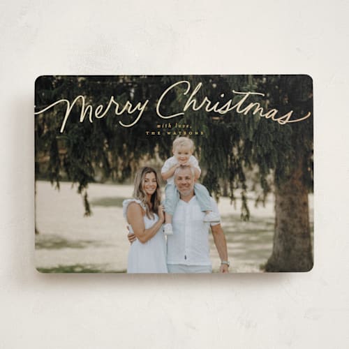 This is a golden foil pressed holiday cards with foil pressed by Everett Paper Goods called simply delighted printing on recycled smooth signature in standard