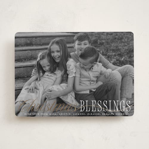 This is a snow foil pressed holiday cards with foil pressed by Kamala Nahas called elegant christmas blessings printing on recycled smooth signature in standard