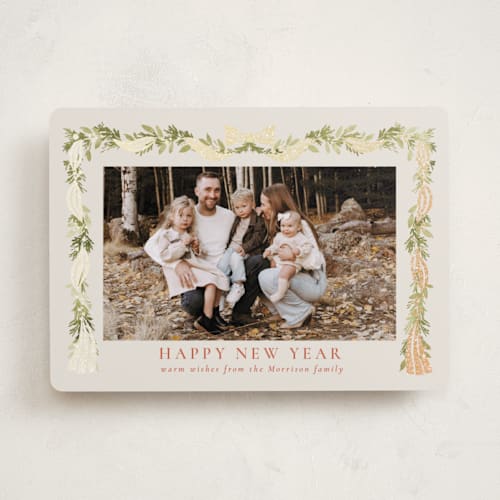 This is a clementine foil pressed holiday cards with foil pressed by Petra Kern called festival printing on recycled smooth signature in standard