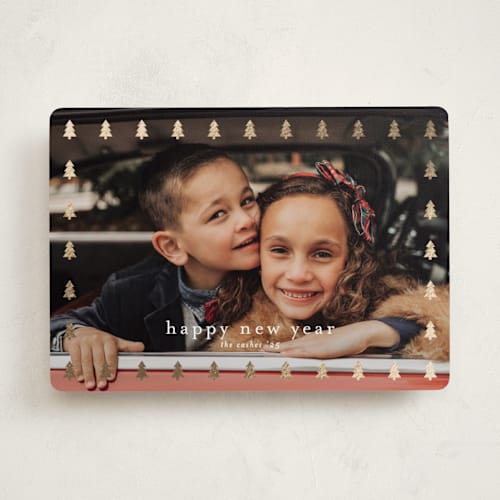 This is a snow foil pressed holiday cards with foil pressed by Stacey Meacham called christmas tree frame printing on recycled smooth signature in standard