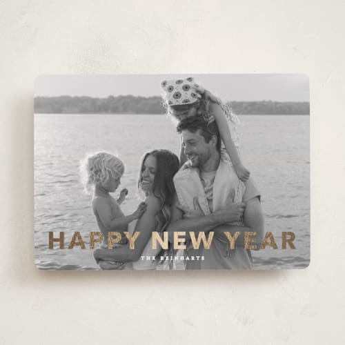This is a linen foil pressed holiday cards with foil pressed by Angela Thompson called gilded printing on recycled smooth signature in standard