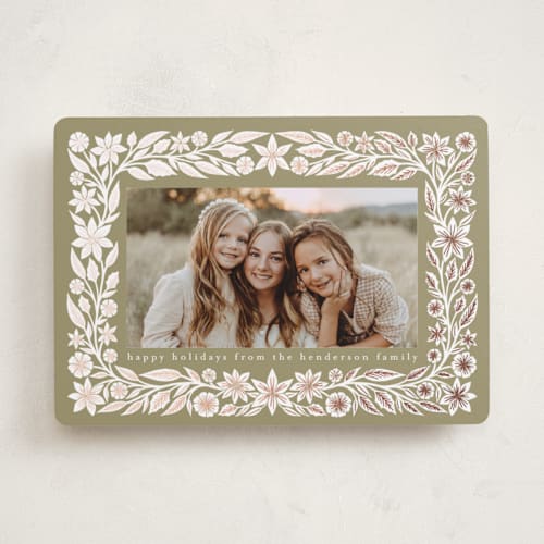 This is a olive foil pressed holiday cards with foil pressed by Katharine Watson called mosaic frame printing on recycled smooth signature in standard