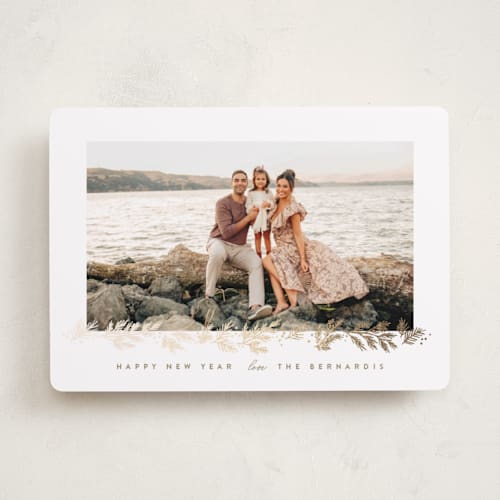 This is a snow foil pressed holiday cards with foil pressed by Rebecca Durflinger called winter garland printing on recycled smooth signature in standard