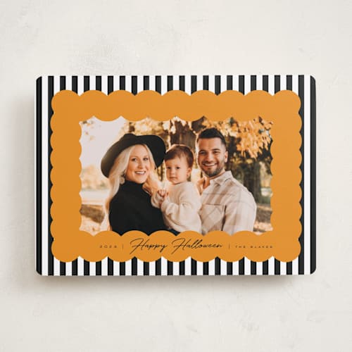 This is a pumpkin halloween party invitations cards by Brittany Braithwaite called halloween stripes printing on recycled smooth signature in standard