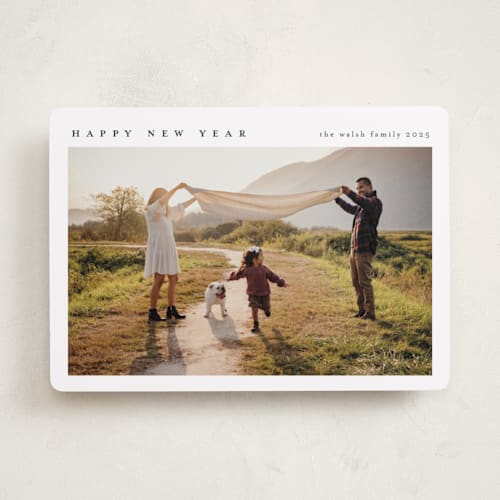 This is a linen new year photo cards with standard by Nicole Walsh called minimal top printing on recycled smooth signature in standard