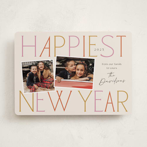 This is a bubblegum new year photo cards with standard by Laura Hankins called grand greetings printing on recycled smooth signature in standard