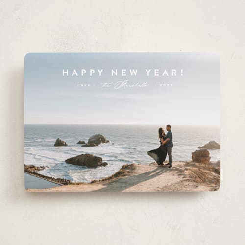 This is a snow new year photo cards with standard by Carolyn MacLaren called perfectly simple printing on recycled smooth signature in standard