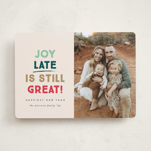 This is a cream new year photo cards with standard by Erica Krystek called merry late printing on recycled smooth signature in standard