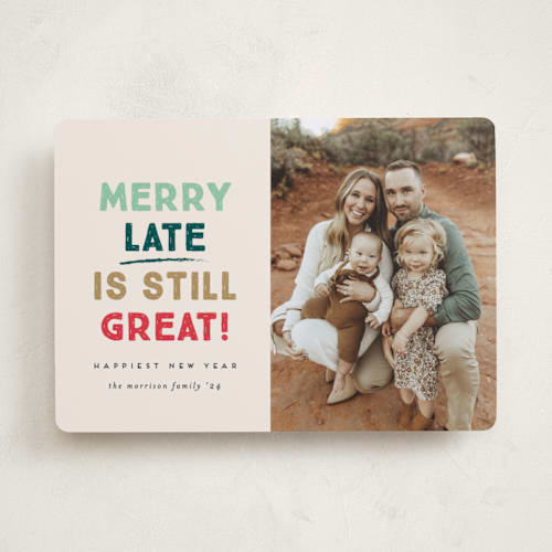 This is a cream new year photo cards with standard by Erica Krystek called merry late printing on recycled smooth signature in standard