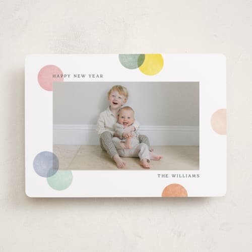 This is a confetti cake new year photo cards with standard by Robert and Stella called colorblock confetti printing on recycled smooth signature in standard