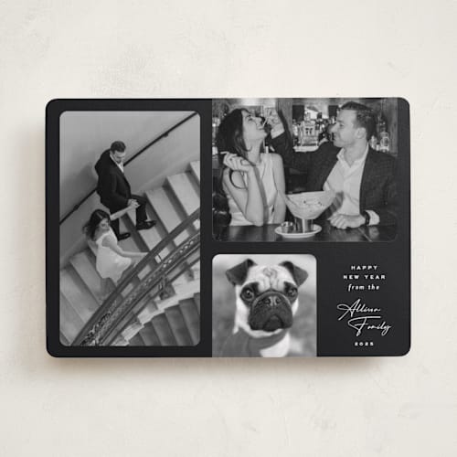 This is a lacquer new year photo cards with standard by Kamala Nahas called triple threat printing on recycled smooth signature in standard