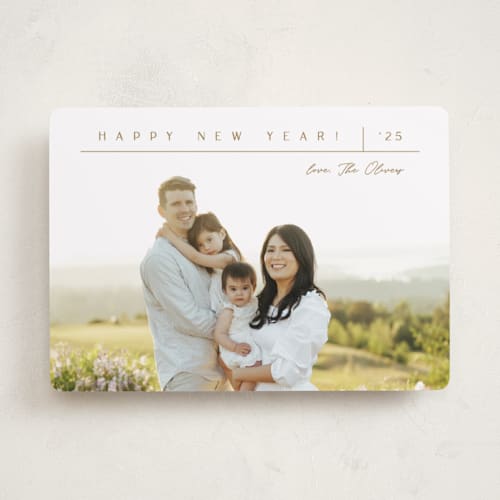 This is a butterscotch new year photo cards with standard by Carolyn MacLaren called off the grid printing on recycled smooth signature in standard