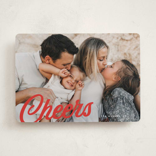 This is a poinsettia new year photo cards with standard by Morgan Kendall called vintage script printing on recycled smooth signature in standard